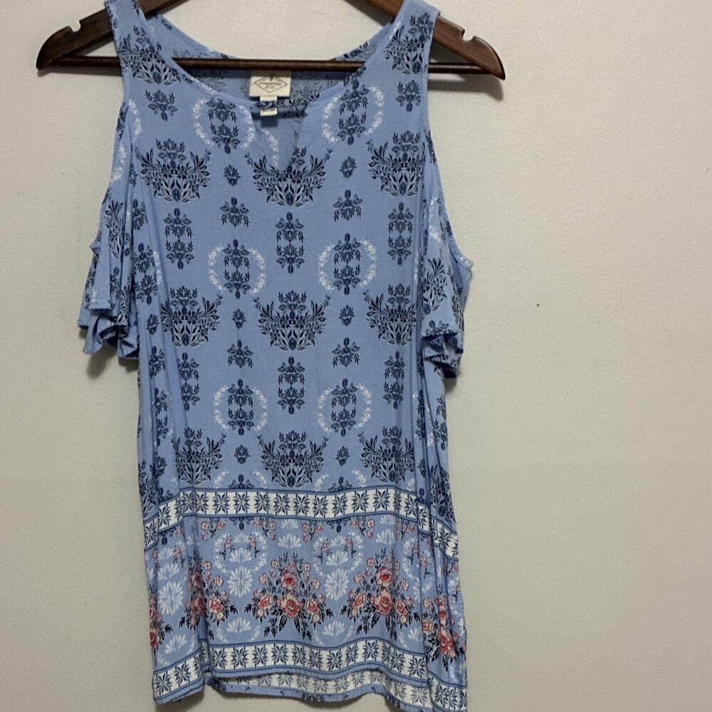 St. John's Bay Blue Floral Boho Cold Shoulder Tunic Blouse Size S Prairie